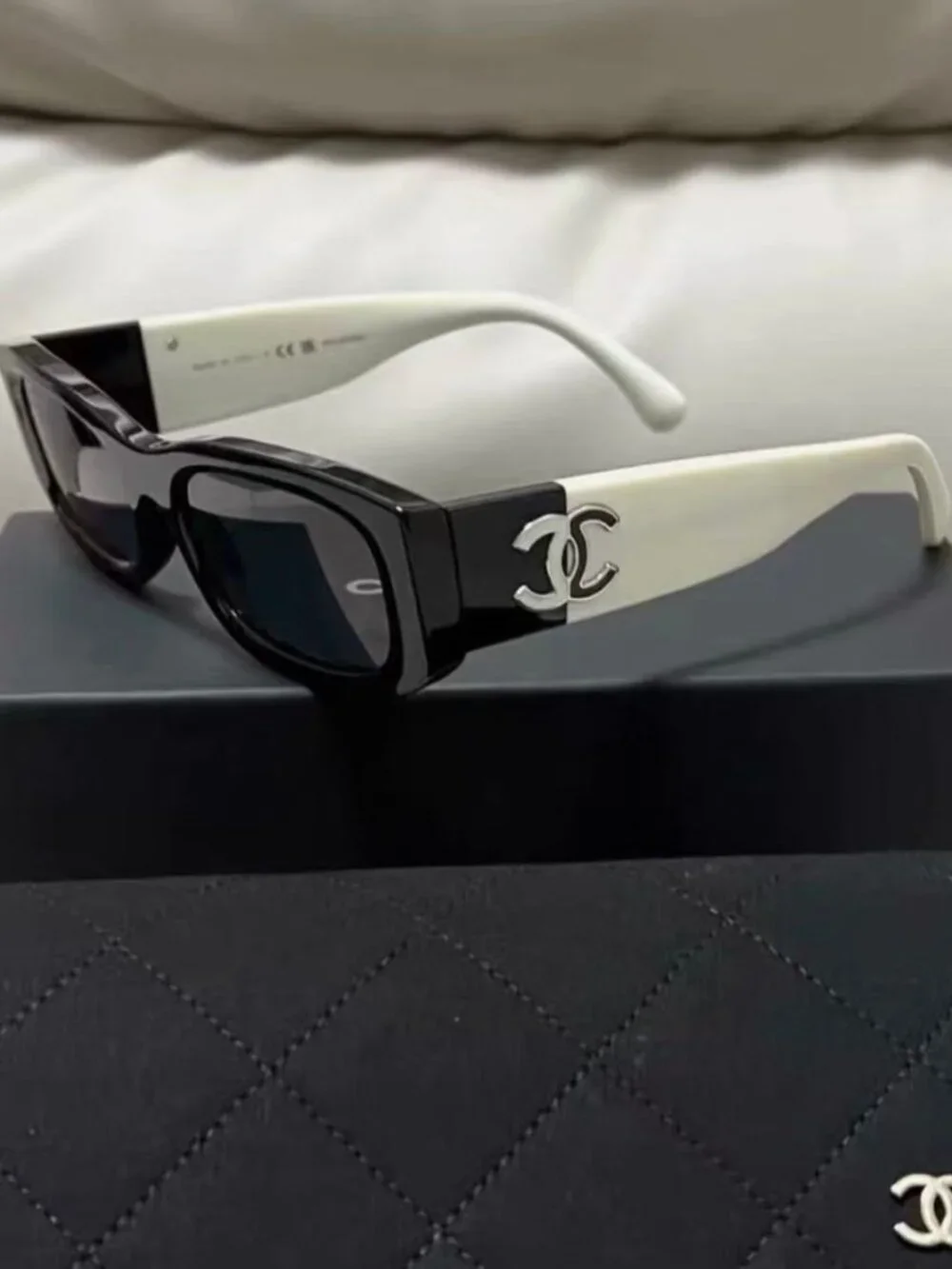 Chanel Black White Two‑Tone Rectangle Sunglasses Silver CC Logo